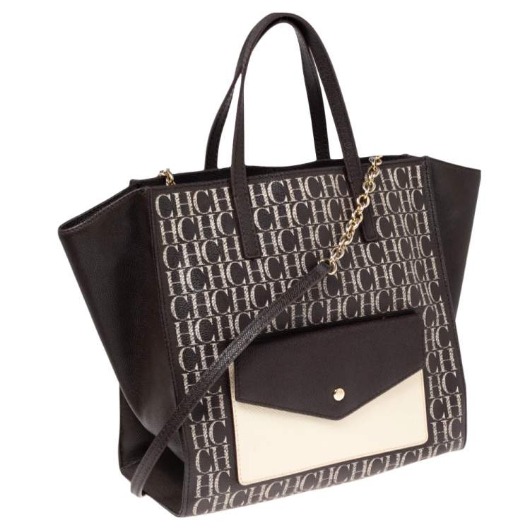 Pre Owned Carolina Herrera Brown Signature Coated Canvas Front Pocket Tote