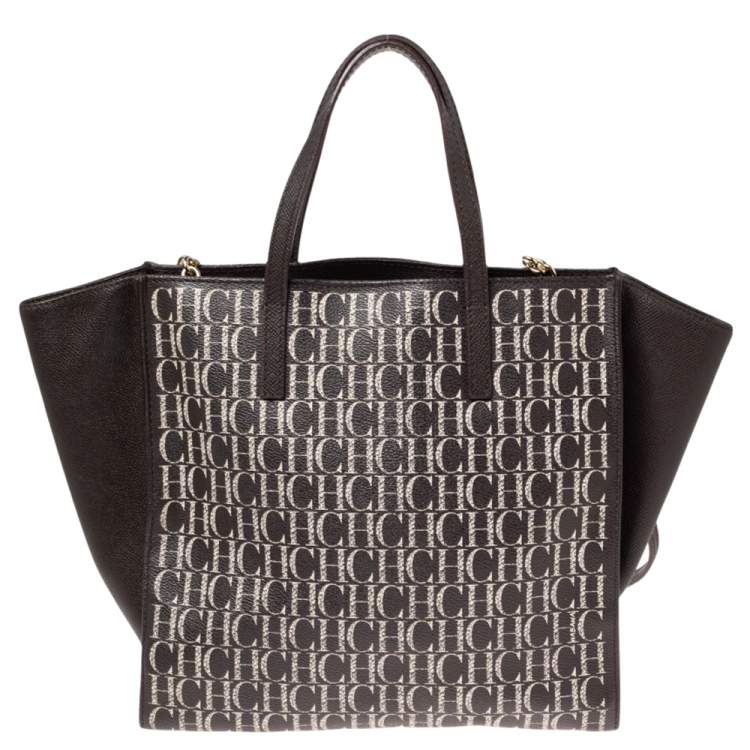 Pre Owned Carolina Herrera Brown Signature Coated Canvas Front Pocket Tote