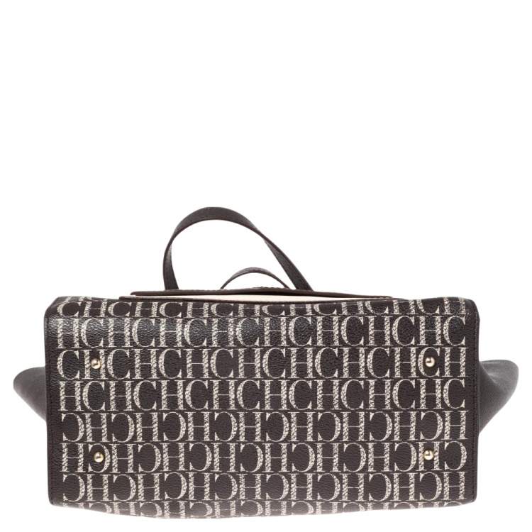 Pre Owned Carolina Herrera Brown Signature Coated Canvas Front Pocket Tote