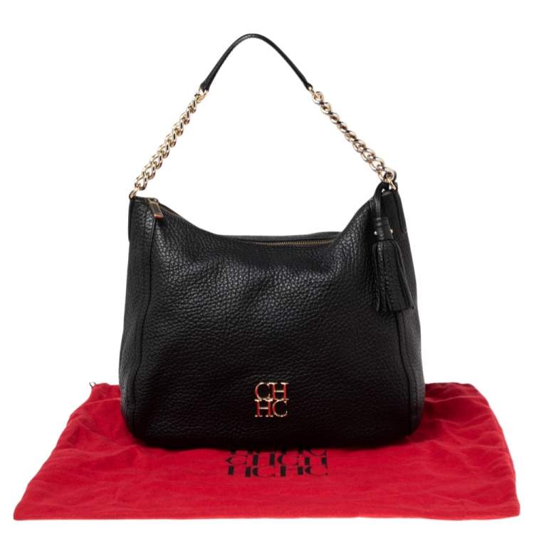Pre Owned Carolina Herrera Black Leather Chain Tassel Hobo