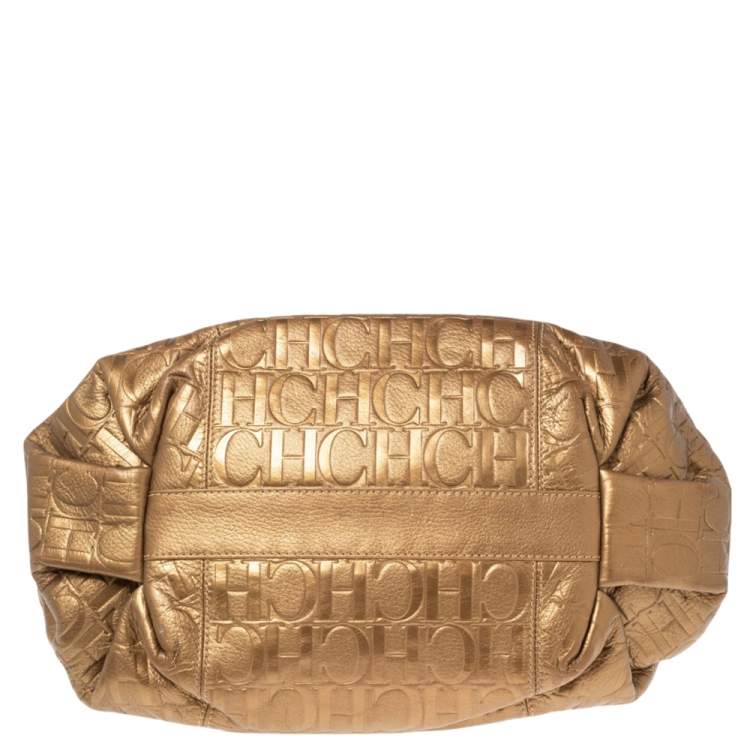 Pre Owned Carolina Herrera Gold Monogram Embossed Leather Chain Hobo