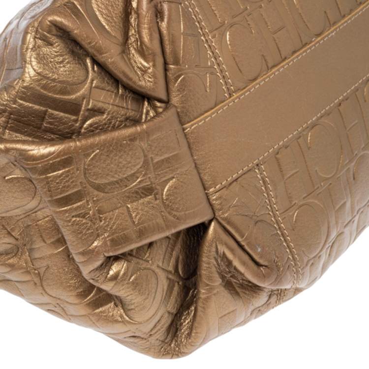 Pre Owned Carolina Herrera Gold Monogram Embossed Leather Chain Hobo