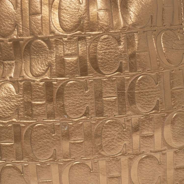 Pre Owned Carolina Herrera Gold Monogram Embossed Leather Chain Hobo