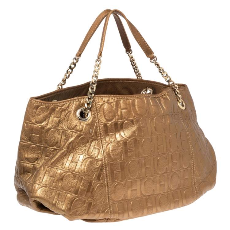 Pre Owned Carolina Herrera Gold Monogram Embossed Leather Chain Hobo