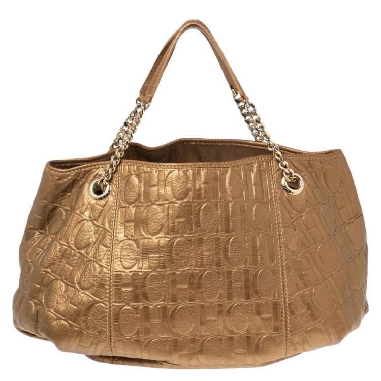 Pre Owned Carolina Herrera Gold Monogram Embossed Leather Chain Hobo