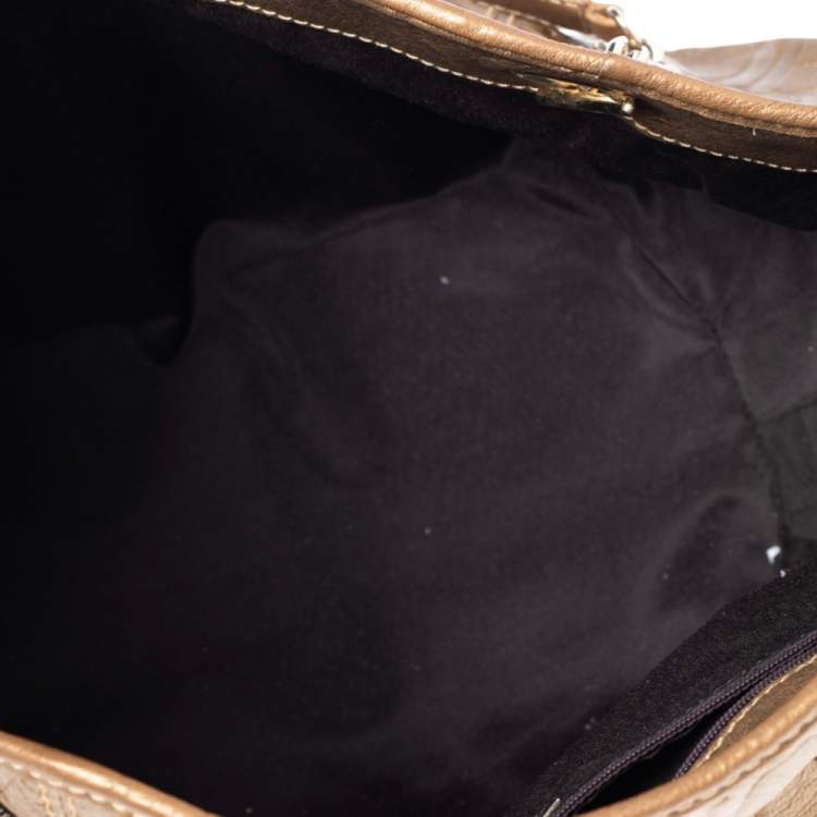 Pre Owned Carolina Herrera Gold Monogram Embossed Leather Chain Hobo