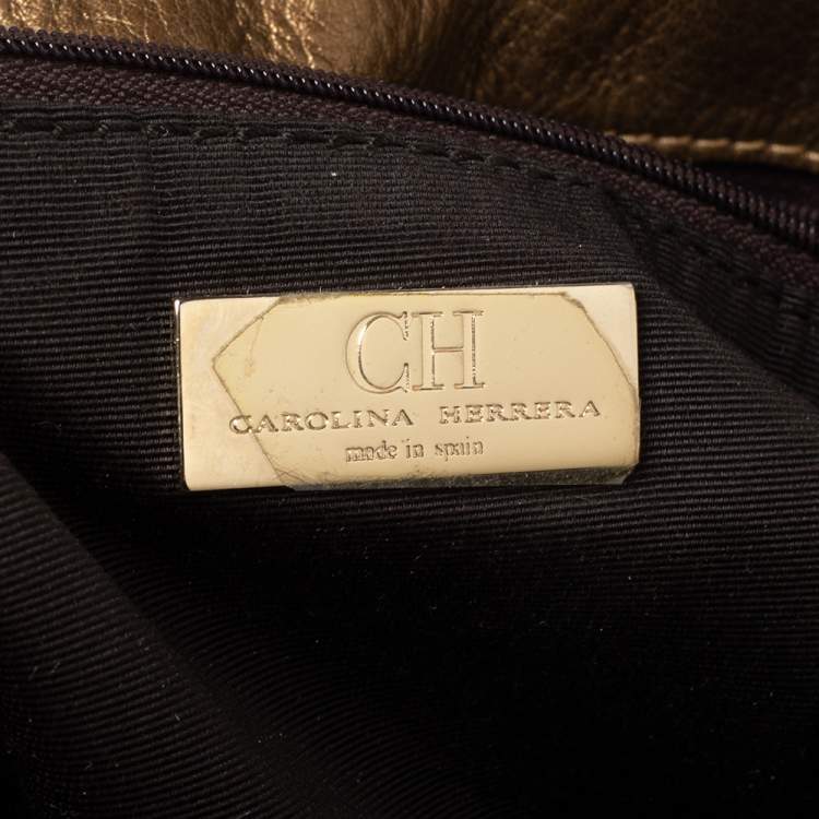 Pre Owned Carolina Herrera Gold Monogram Embossed Leather Chain Hobo