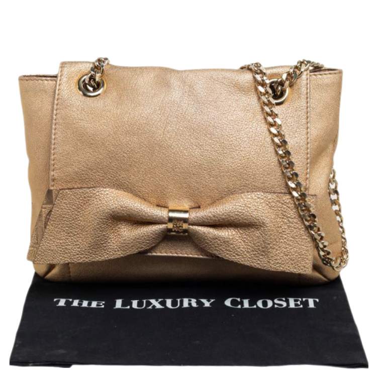 Pre Owned Carolina Herrera Metallic Gold Leather Bow Flap Shoulder Bag