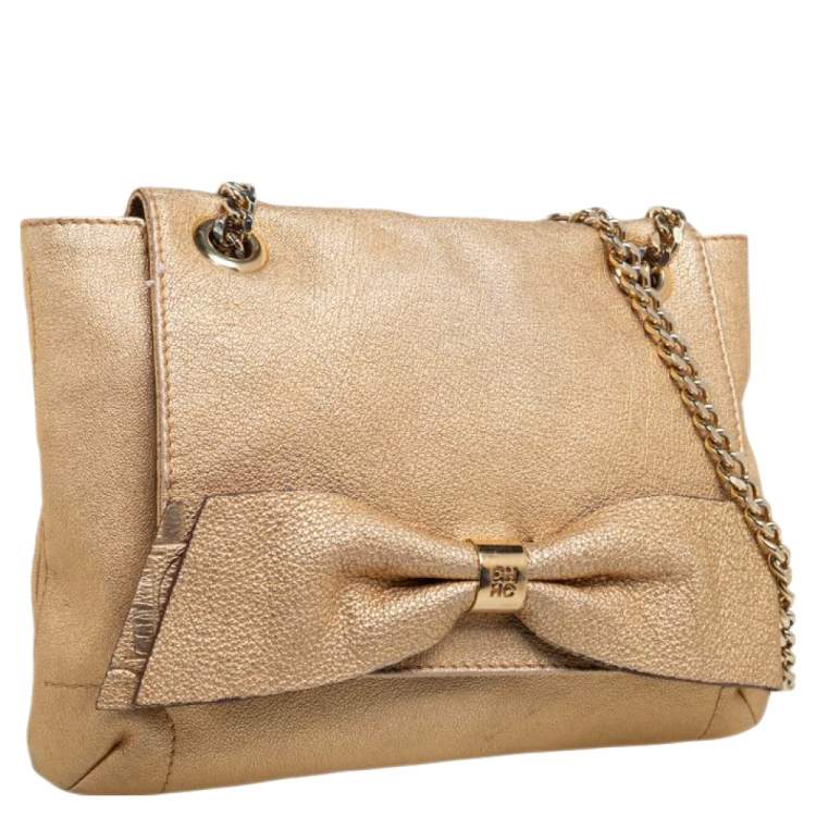 Pre Owned Carolina Herrera Metallic Gold Leather Bow Flap Shoulder Bag