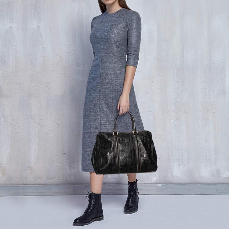 Pre Owned Carolina Herrera Black Embossed Monogram Leather Andy Tote