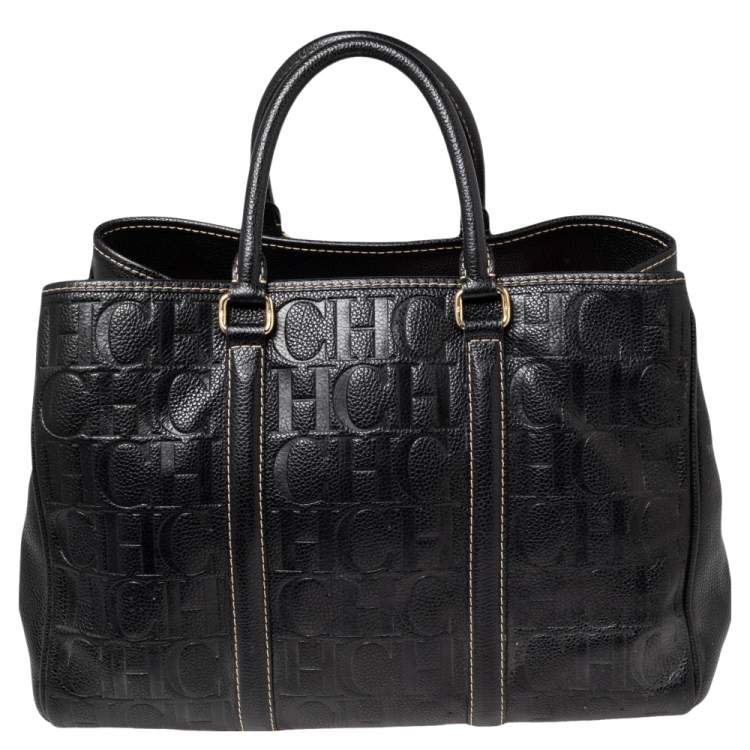 Pre Owned Carolina Herrera Black Embossed Monogram Leather Andy Tote