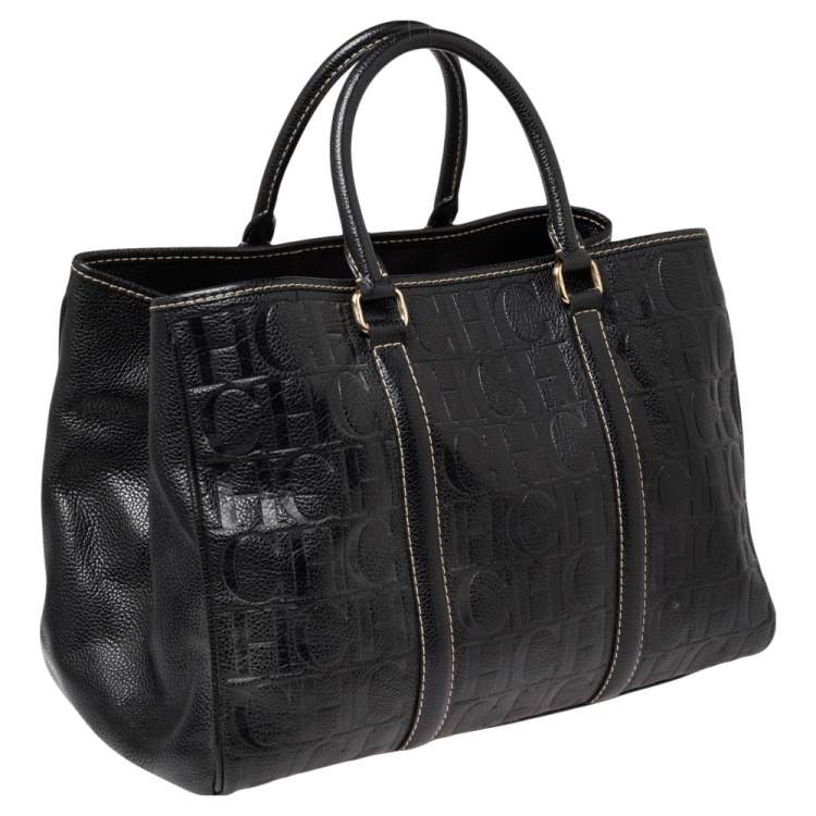 Pre Owned Carolina Herrera Black Embossed Monogram Leather Andy Tote