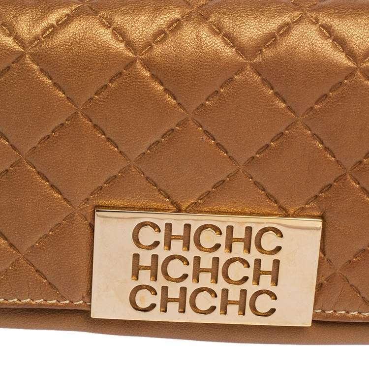 Pre Owned Carolina Herrera Metallic Gold Quilted Leather Clutch