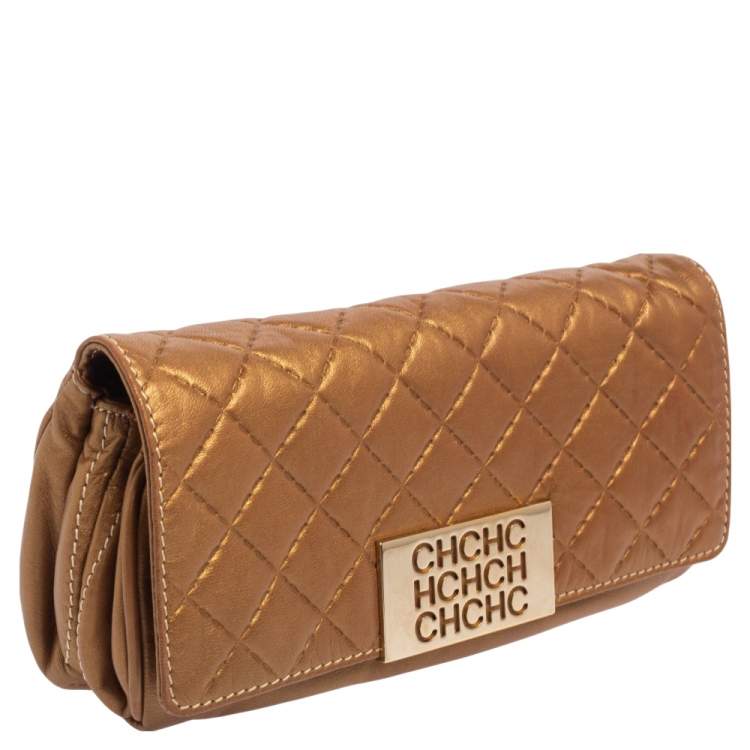 Pre Owned Carolina Herrera Metallic Gold Quilted Leather Clutch