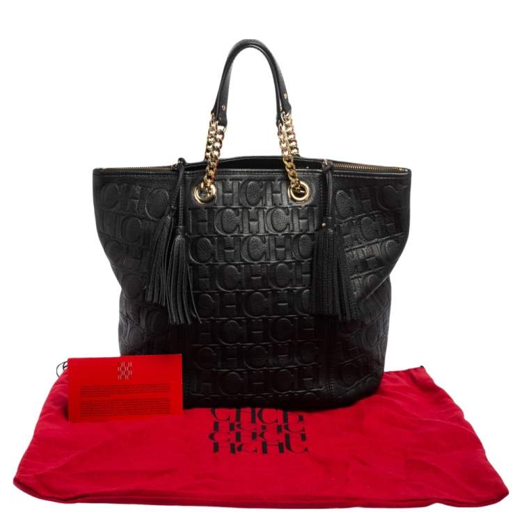 Pre Owned Carolina Herrera Black Monogram Leather Tassel Tote 