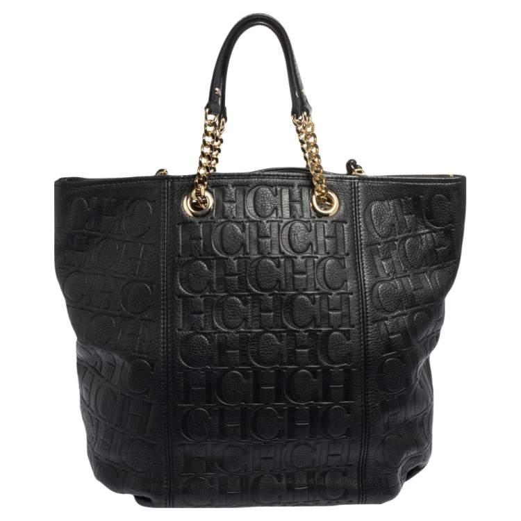 Pre Owned Carolina Herrera Black Monogram Leather Tassel Tote 
