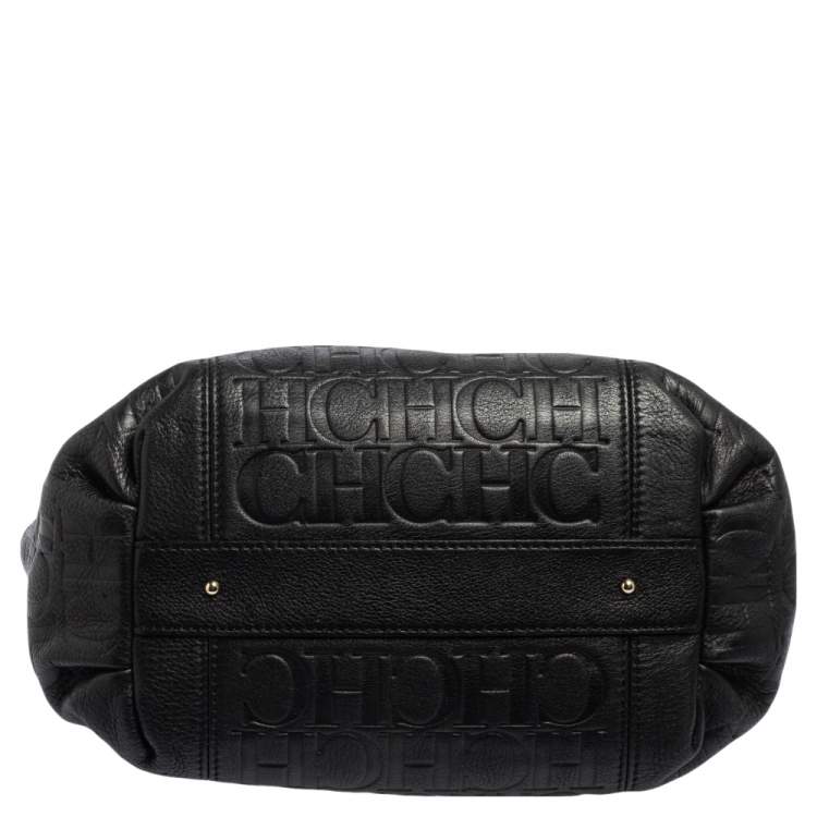 Pre Owned Carolina Herrera Black Monogram Leather Tassel Tote 