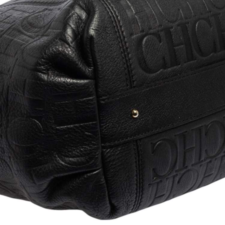 Pre Owned Carolina Herrera Black Monogram Leather Tassel Tote 