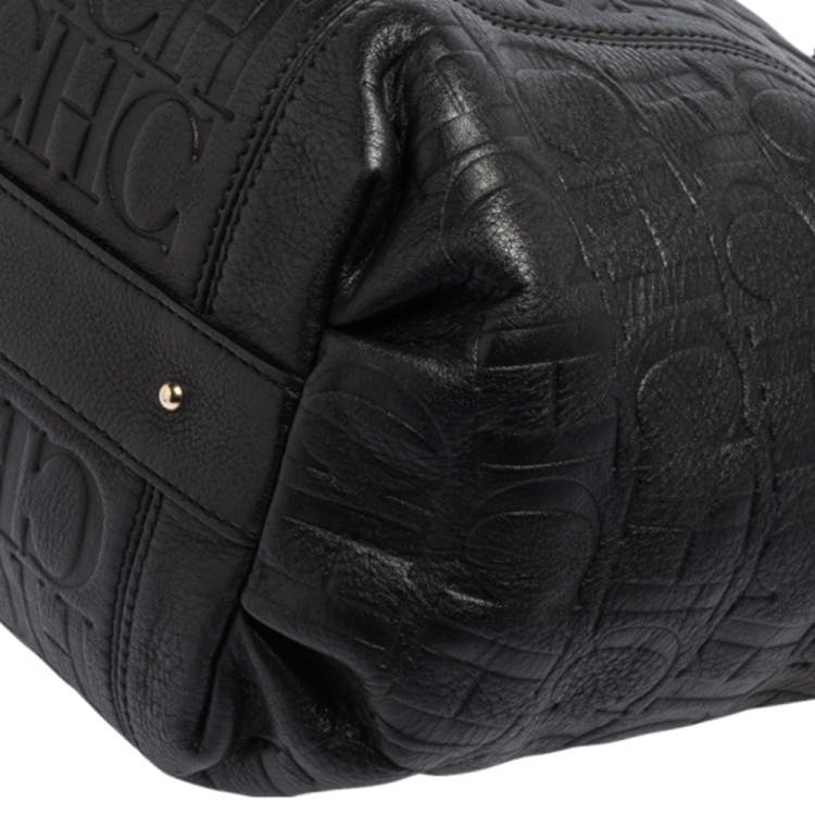 Pre Owned Carolina Herrera Black Monogram Leather Tassel Tote 