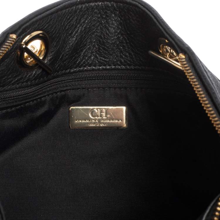 Pre Owned Carolina Herrera Black Monogram Leather Tassel Tote 