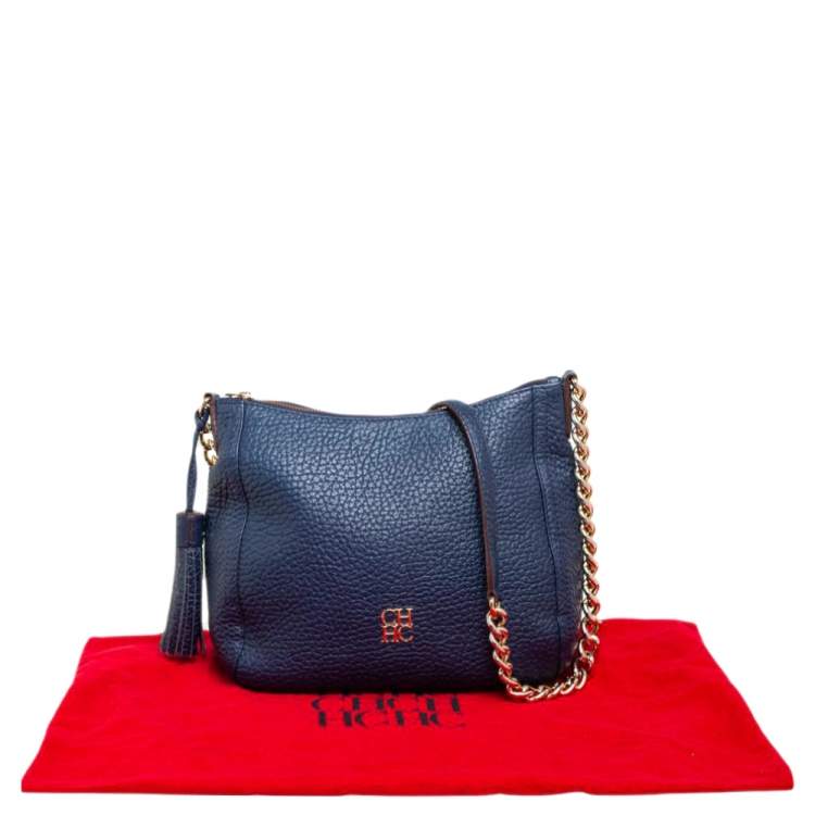 Pre Owned Carolina Herrera Navy Blue Leather Chain Tassel Shoulder Bag
