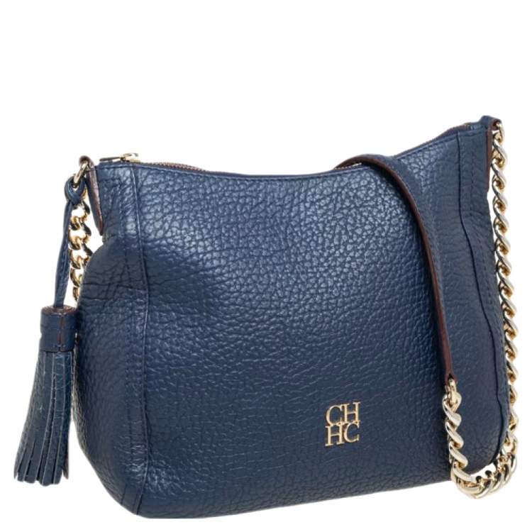 Pre Owned Carolina Herrera Navy Blue Leather Chain Tassel Shoulder Bag