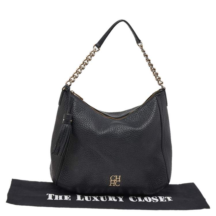 Pre Owned Carolina Herrera Black Pebbled Leather Chain Shoulder Bag