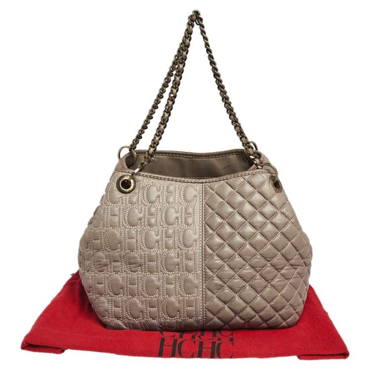 Pre Owned Carolina Herrera Olive Green Monogram Leather Shoulder Bag