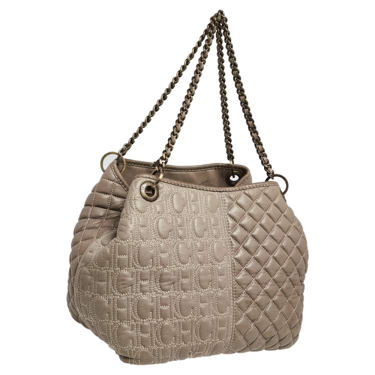 Pre Owned Carolina Herrera Olive Green Monogram Leather Shoulder Bag