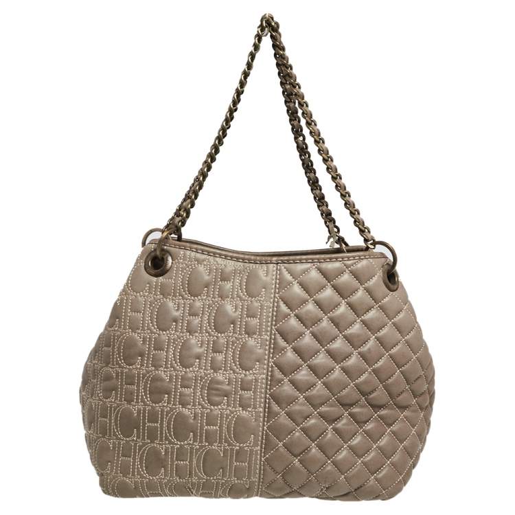 Pre Owned Carolina Herrera Olive Green Monogram Leather Shoulder Bag