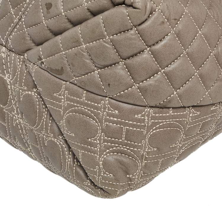 Pre Owned Carolina Herrera Olive Green Monogram Leather Shoulder Bag