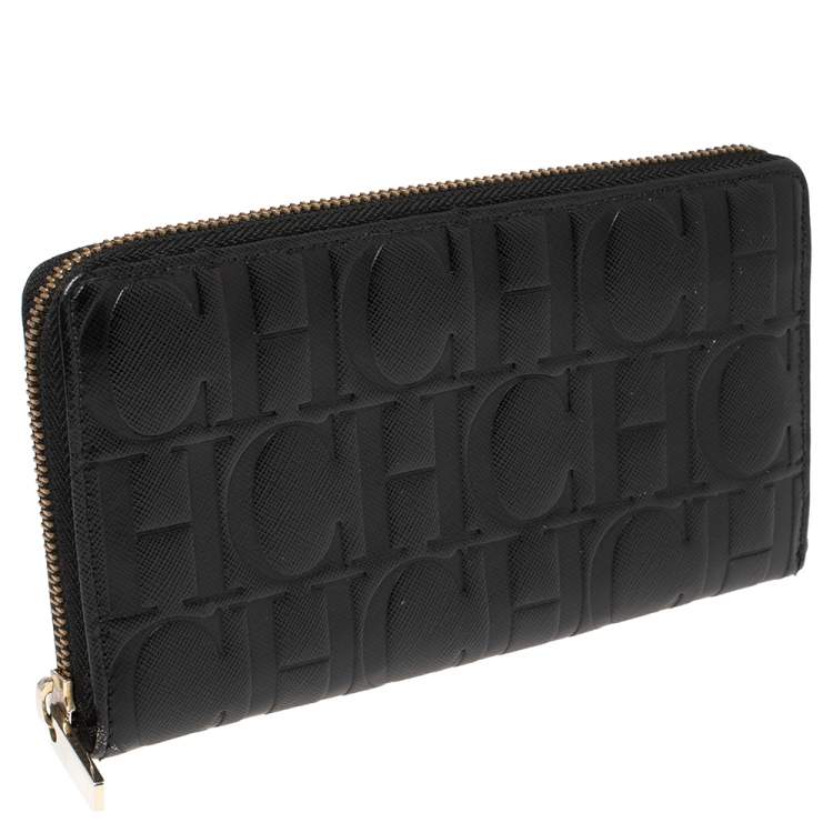 Pre Owned Carolina Herrera Black Monogram Leather Zip Around Wallet