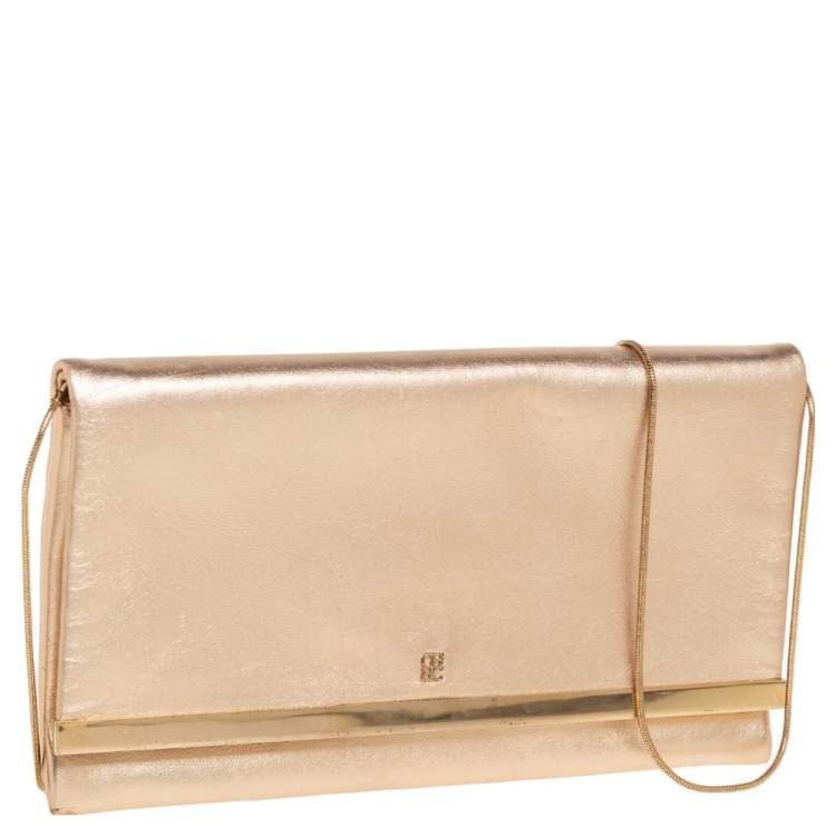 Pre Owned Carolina Herrera Metallic Gold Leather Flap Chain Clutch