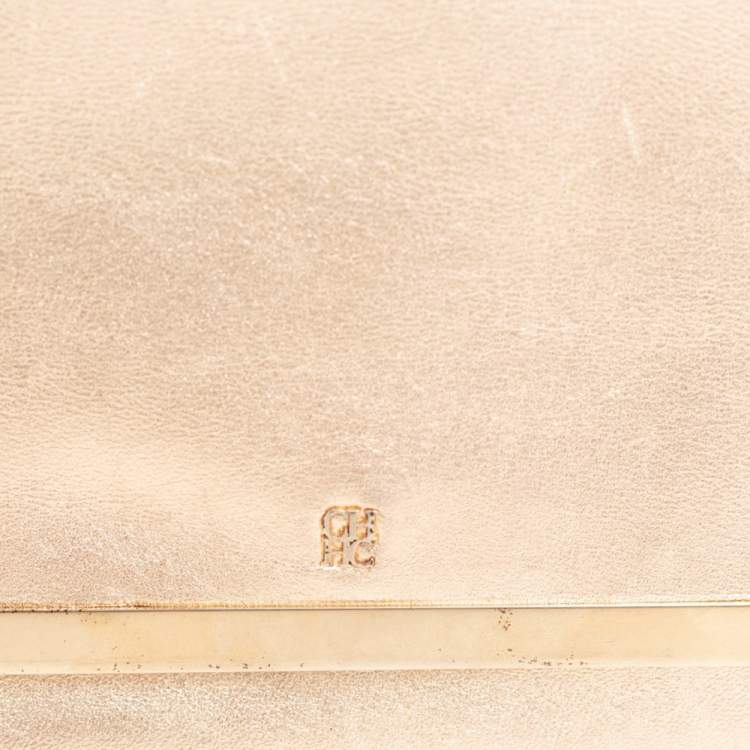 Pre Owned Carolina Herrera Metallic Gold Leather Flap Chain Clutch