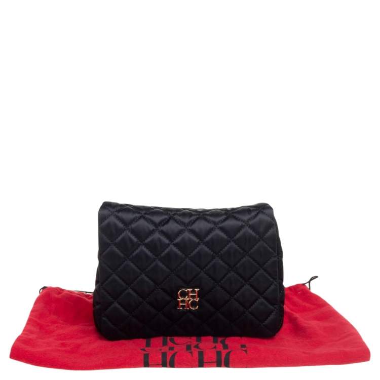 Pre Owned Carolina Herrera Black Quilted Satin Flap Clutch