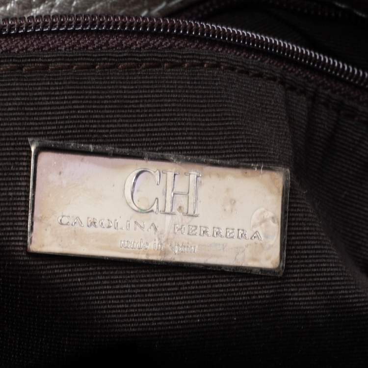 Pre Owned Carolina Herrera Metallic Silver Monogram Leather Audrey Shoulder Bag