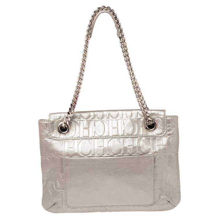 Pre Owned Carolina Herrera Metallic Silver Monogram Leather Audrey Shoulder Bag