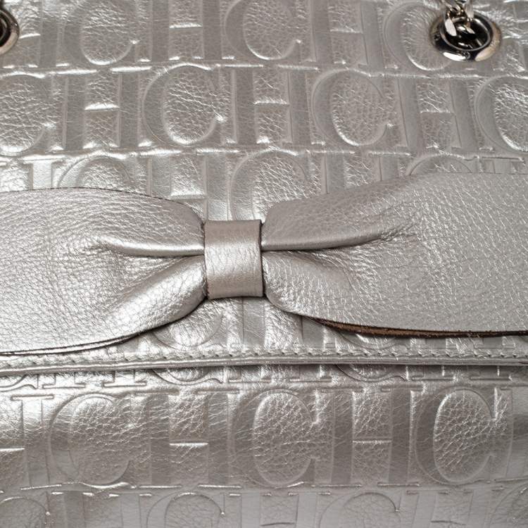 Pre Owned Carolina Herrera Metallic Silver Monogram Leather Audrey Shoulder Bag
