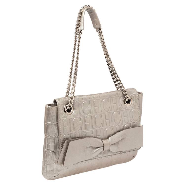 Pre Owned Carolina Herrera Metallic Silver Monogram Leather Audrey Shoulder Bag