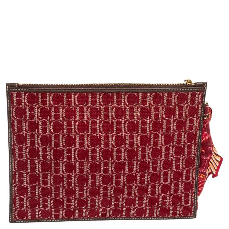 Pre Owned Carolina Herrera Red Monogram Canvas and Leather Pouch 