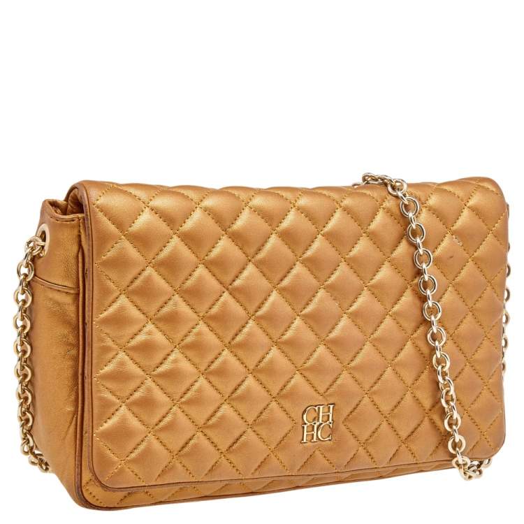 مملوكة مسبقًا Carolina Herrera Gold Quilted Leather Flap Chain Shoulder Bag