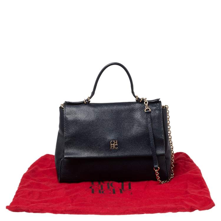 Pre Owned Carolina Herrera Navy Blue Leather Minueto Flap Bag