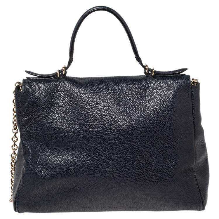 Pre Owned Carolina Herrera Navy Blue Leather Minueto Flap Bag