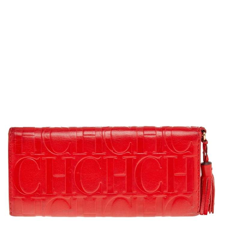 Pre Owned Carolina Herrera Red Monogram Leather Trifold Continental Wallet