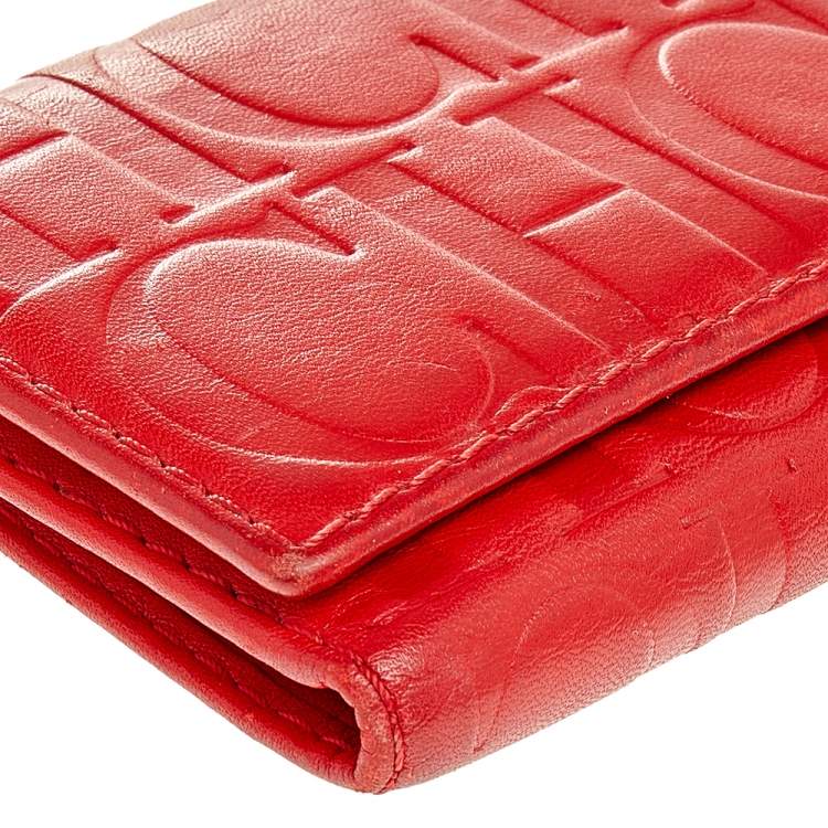 Pre Owned Carolina Herrera Red Monogram Leather Trifold Continental Wallet
