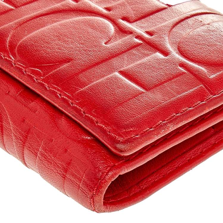 Pre Owned Carolina Herrera Red Monogram Leather Trifold Continental Wallet