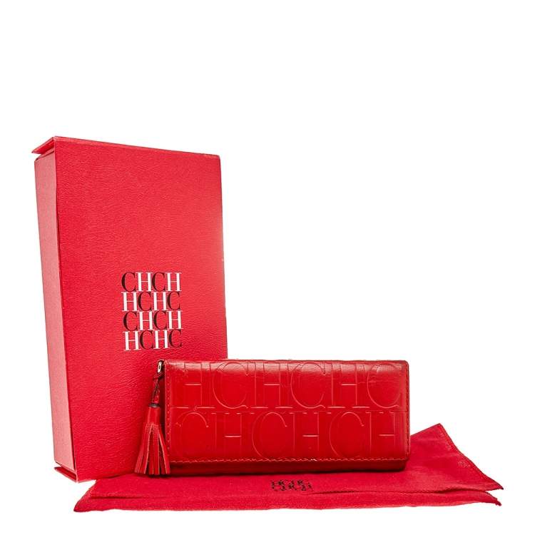 Pre Owned Carolina Herrera Red Monogram Leather Trifold Continental Wallet