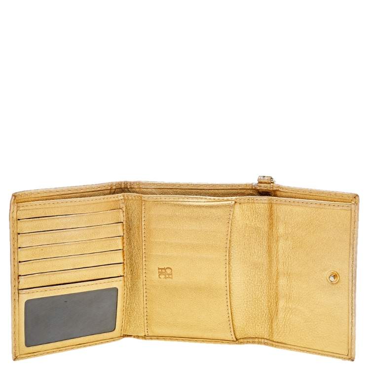 مملوكة مسبقًا Carolina Herrera Metallic Gold Monogram Leather Tassel Trifold Wallet