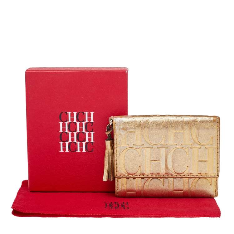 مملوكة مسبقًا Carolina Herrera Metallic Gold Monogram Leather Tassel Trifold Wallet