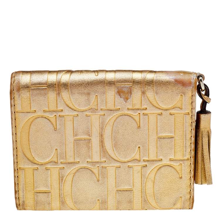 مملوكة مسبقًا Carolina Herrera Metallic Gold Monogram Leather Tassel Trifold Wallet
